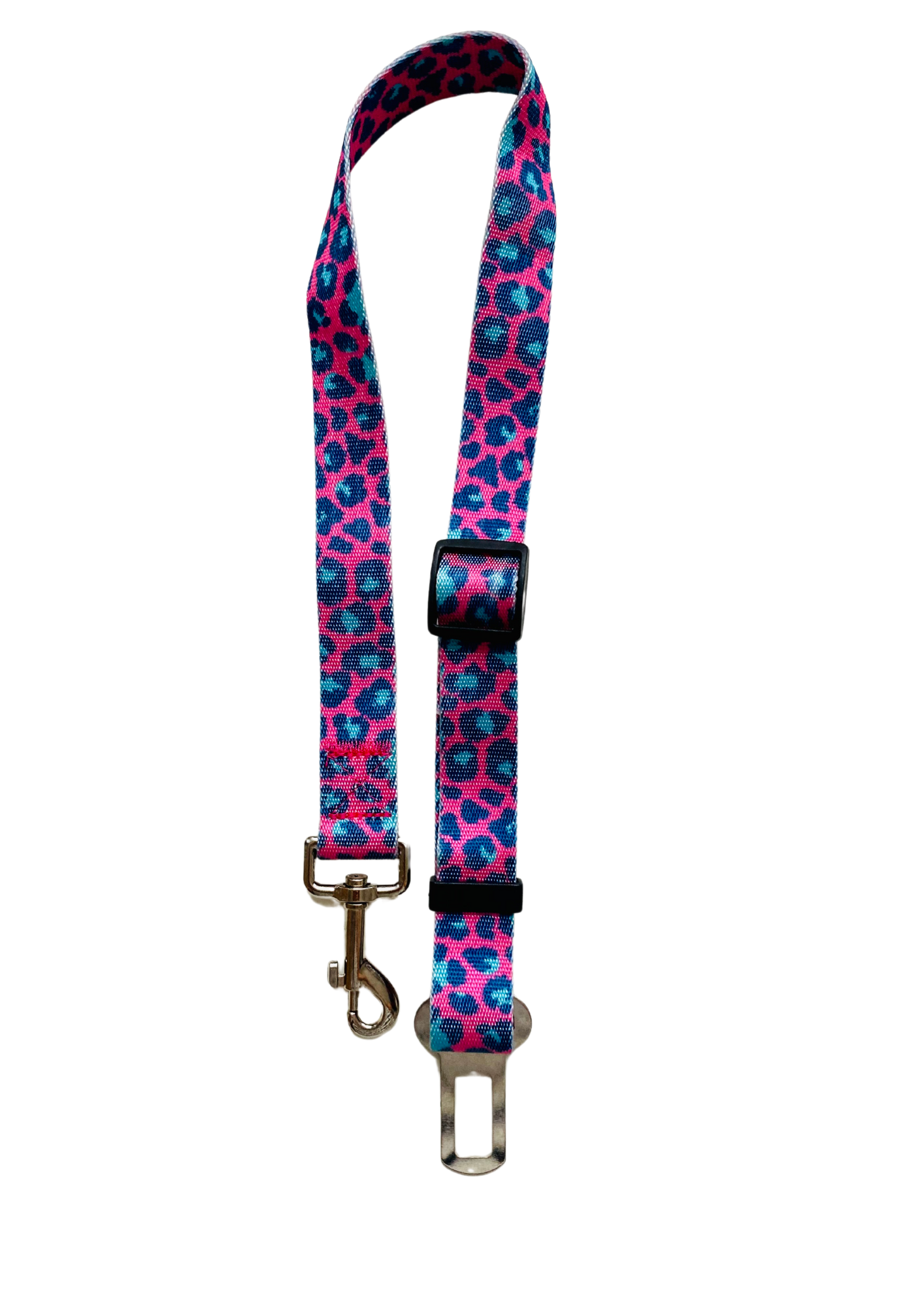 Autogurt mit Leopardenmuster in pink und türkis in der Totalaufnahme.