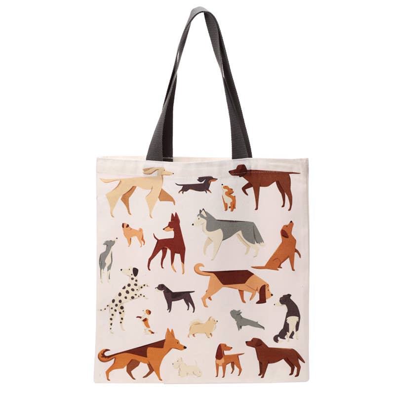 Tasche aus Baumwolle in weiß mit grauem Henkel und verschiedenen Hunden als Motiv.
