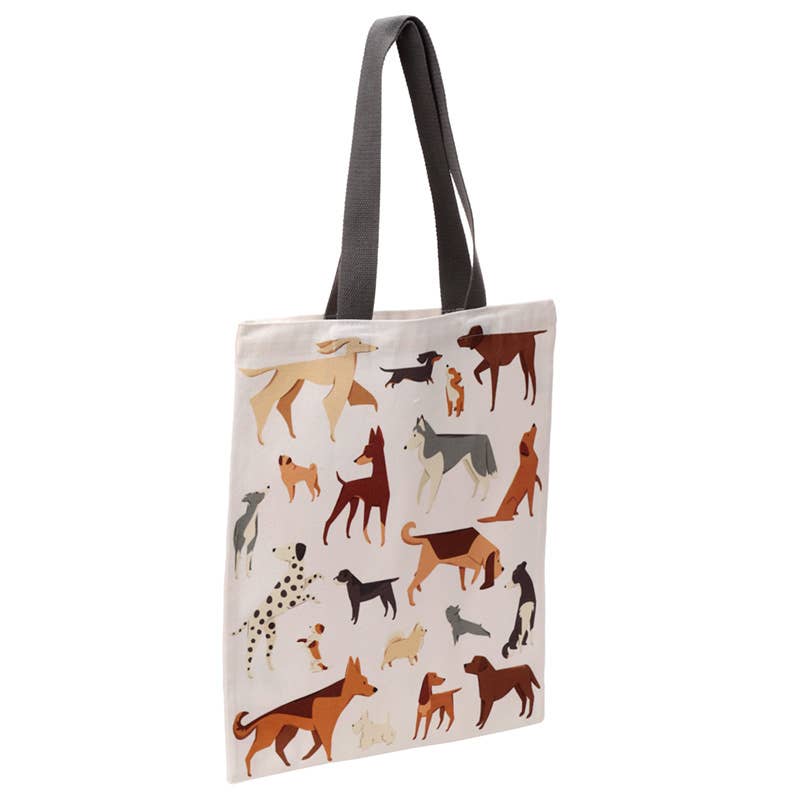 Tasche aus Baumwolle in weiß mit grauem Henkel und verschiedenen Hunden als Motiv, fotografiert von vorne seitlich .