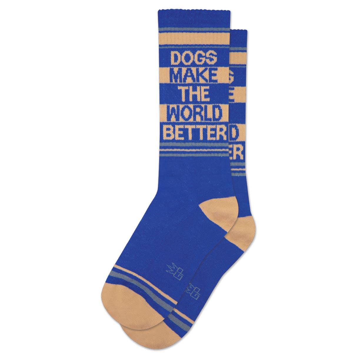 Ein Paar Socken in blau und beige. Die Aufschrift sagt Dogs make the world better.