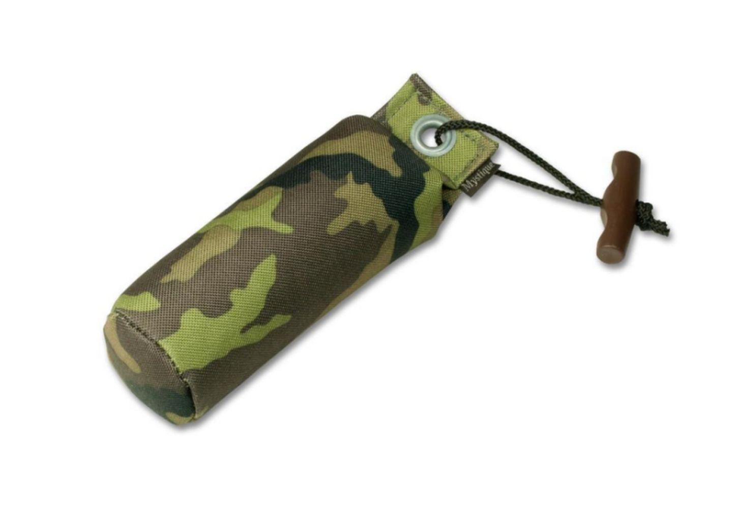 Dummy für Hunde von Mystique, aus Stoff, mit kleiner schwarzer Schlaufe und braunem Schieber. Farbe ist Camouflage.