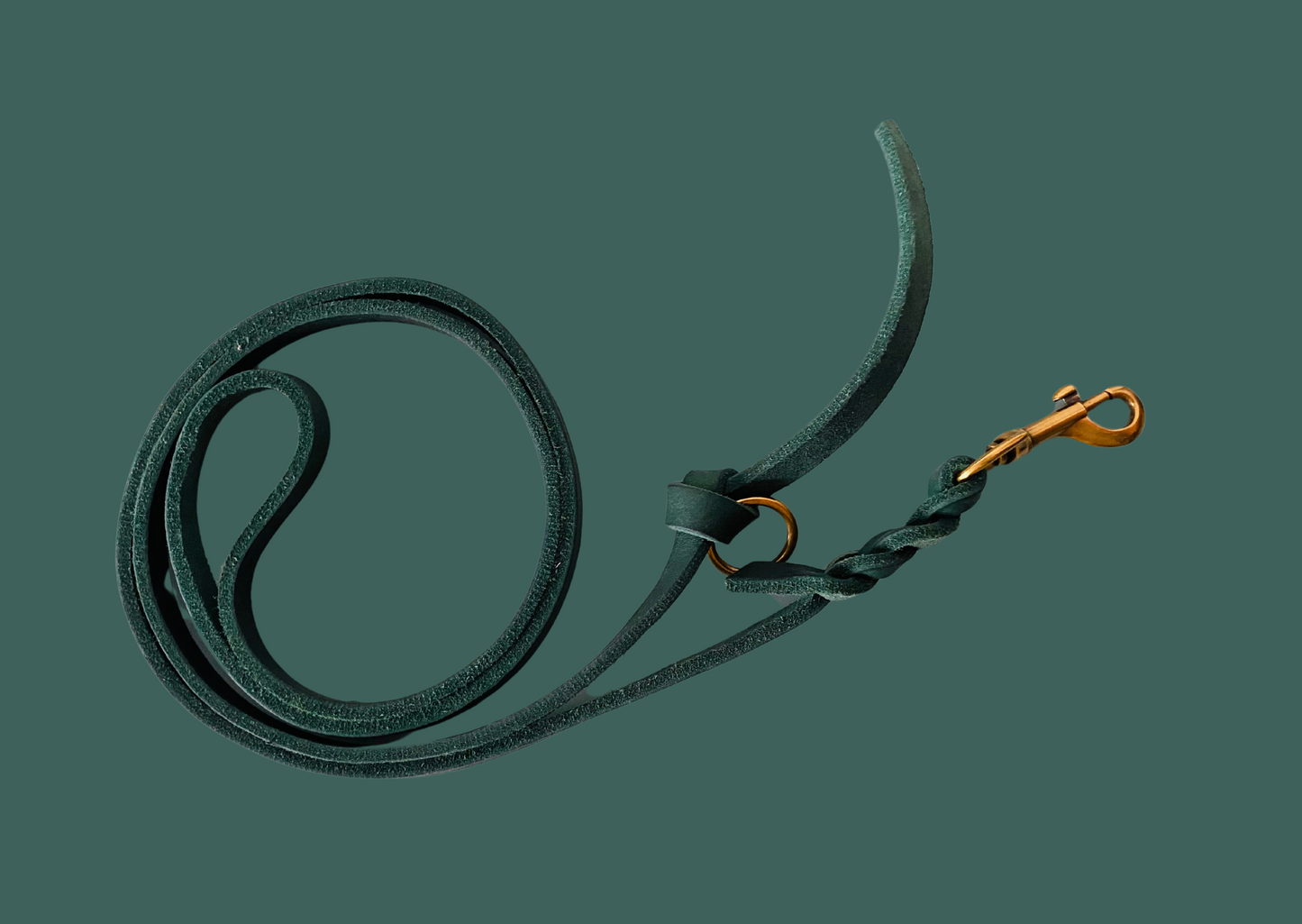 Hundeleine aus Leder mit Karabiner in gold. Die Farbe des Leders ist dunkelgrün.