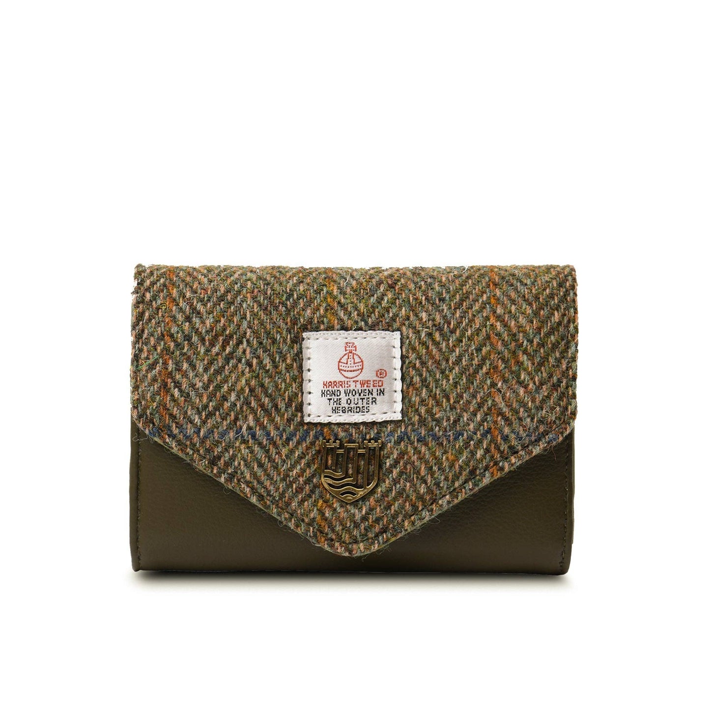 Geldbeutel aus Tweed mit Fischgrätmuster in braun und grün.