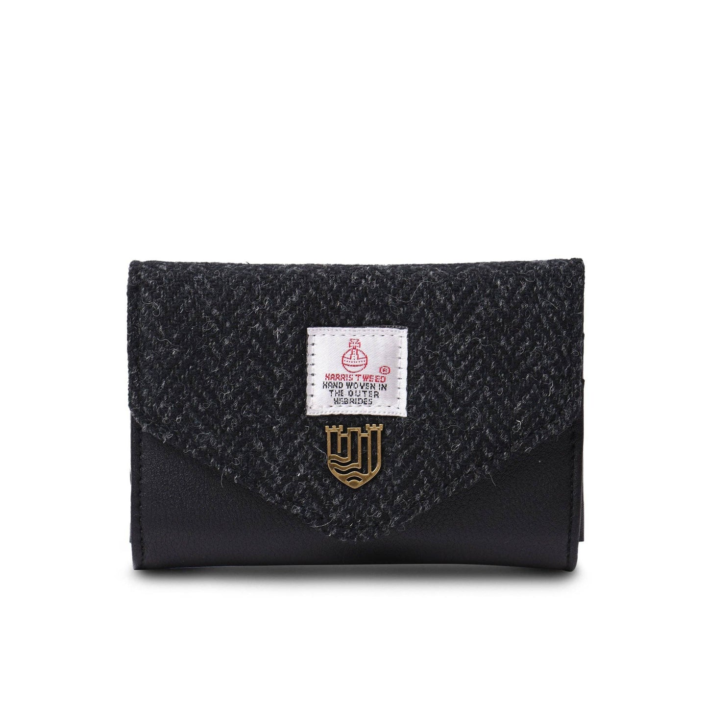 Gelbeutel aus Tweed mit Fischgrätmuster in schwarz.