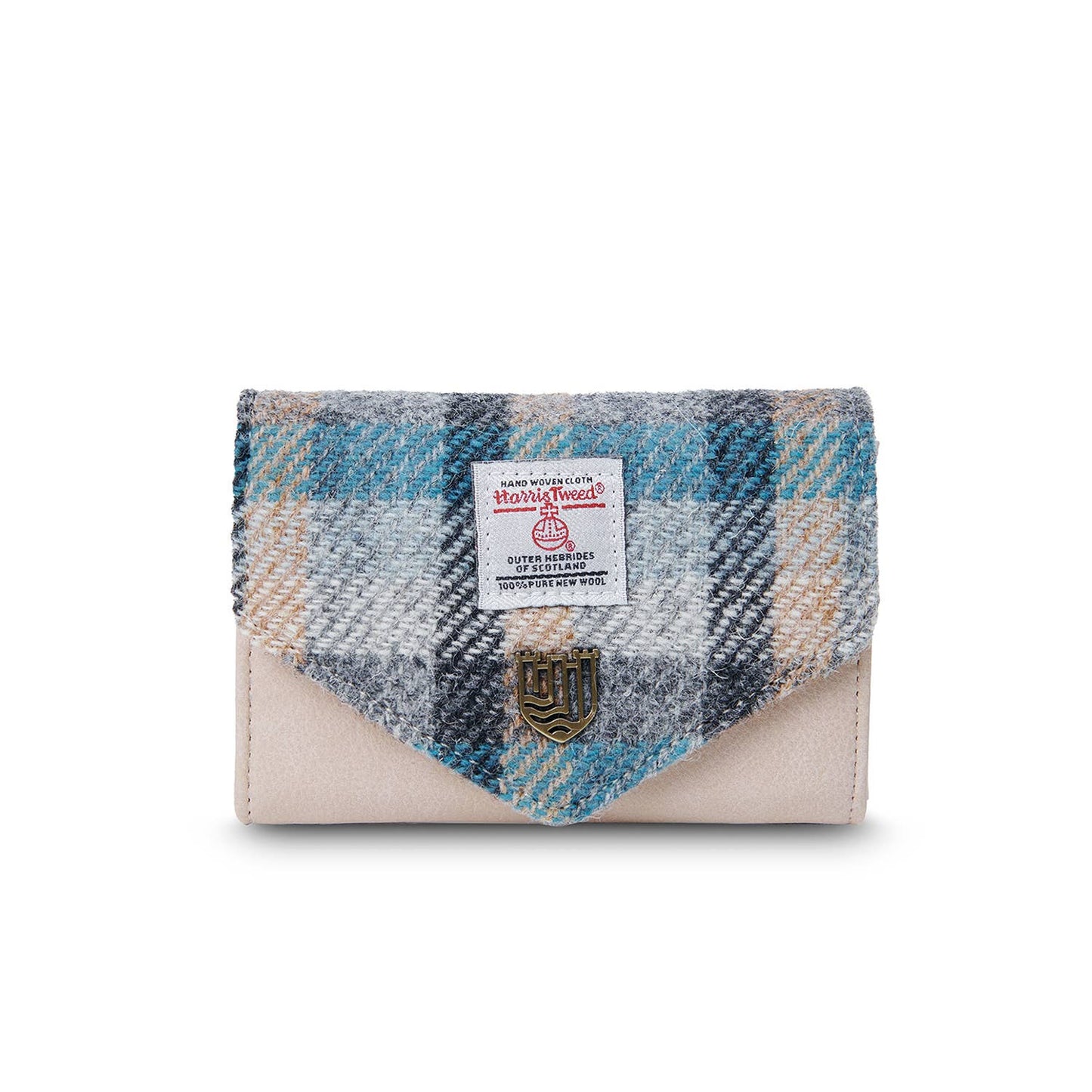 Geldbörse mit Tweedstoff in einem blauen Tartanmuster.