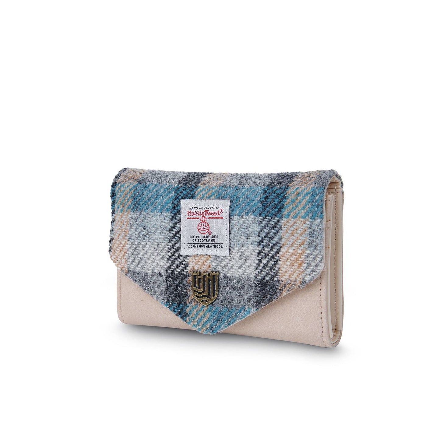 Geldbeutel aus blauem Tweed mit Tartanmuster von der Seite abgebildet.
