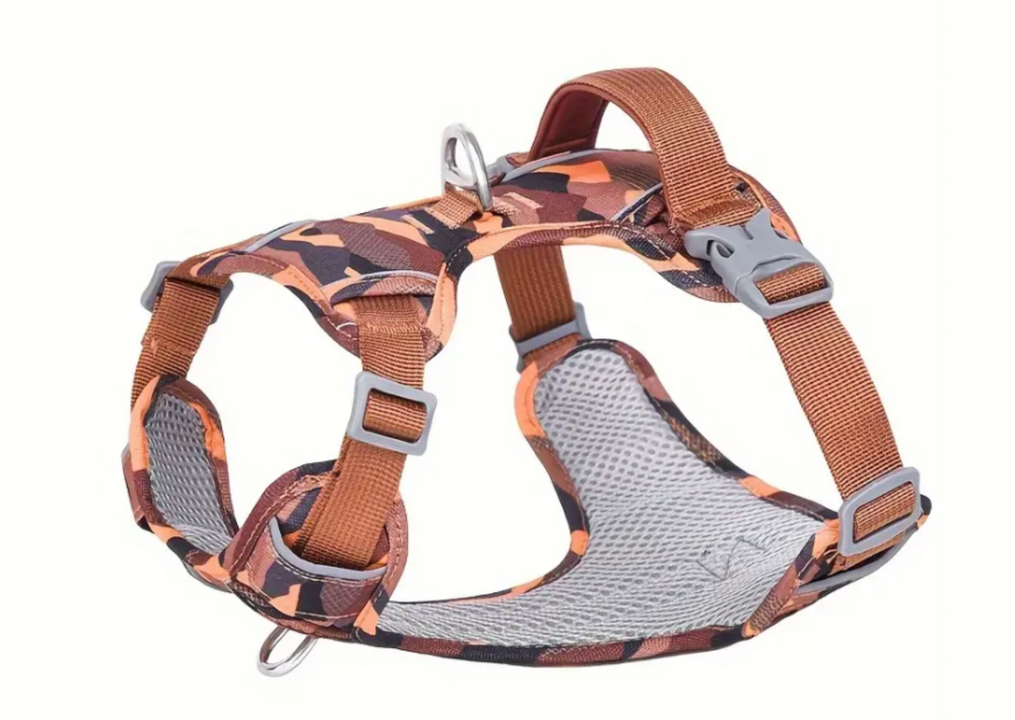 Hundegeschirr in Camouflagemuster in den Farben Orange, schwarz und grau.