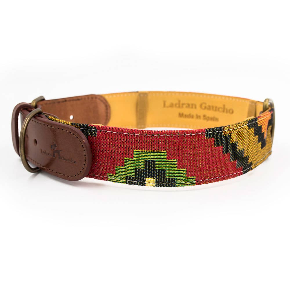 Hundehalsband mit Schnalle aus Leder, buntem Muster und eingeprägtem Herstellerlogo.