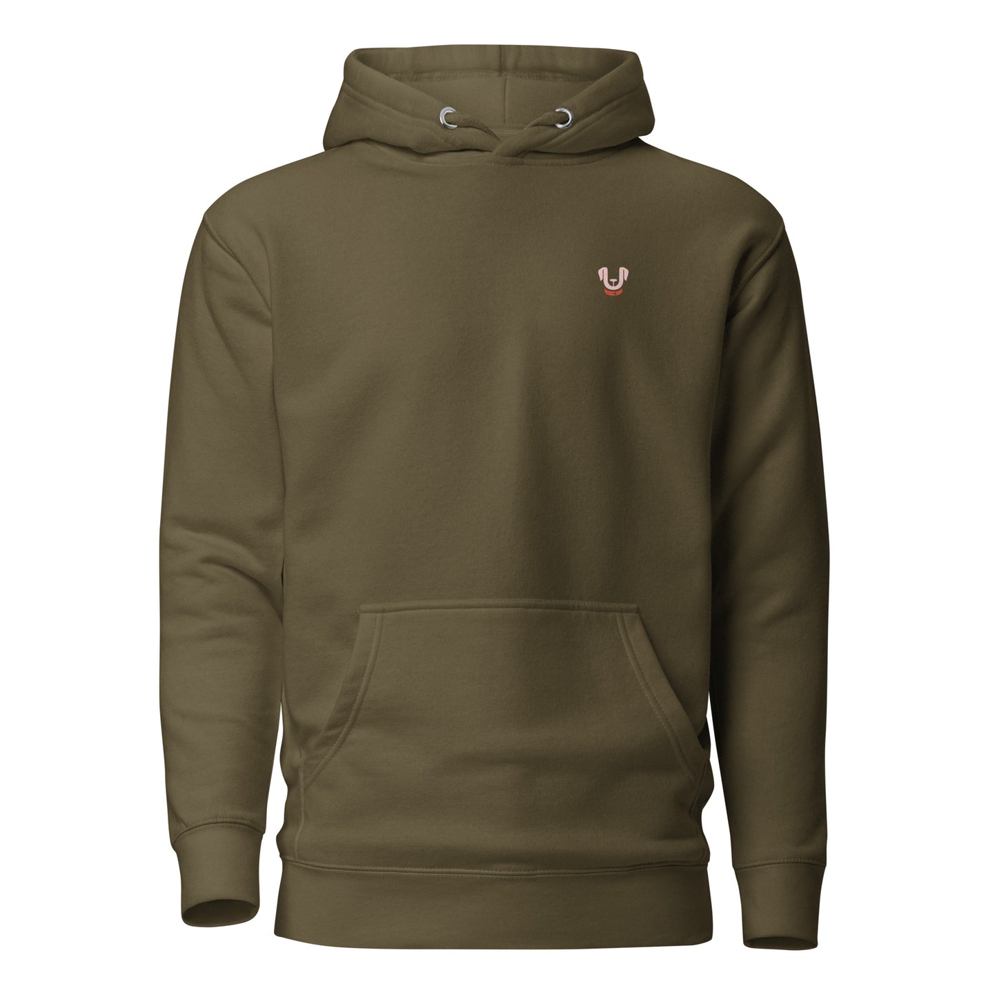 Hoodie in oliv mit Kapuze, Logo auf der linken Brustseite und Kängurutasche vorne.