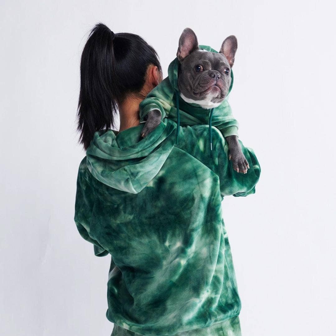 Französische Bulldogge mit Hundepullover in grün und Frau, die denselben Hoodie im Partnerlook trägt.
