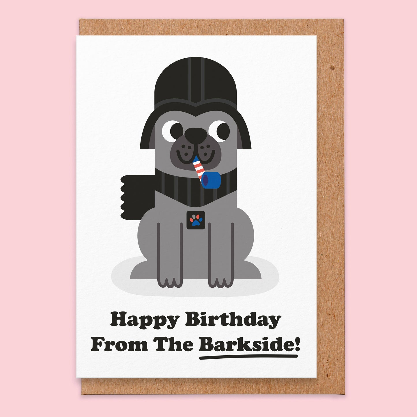 Geburtstagskarte mit Umschlag. Vorne ist ein Hund zu sehen mit der Aufschrift Happy Birthday from the Barkside