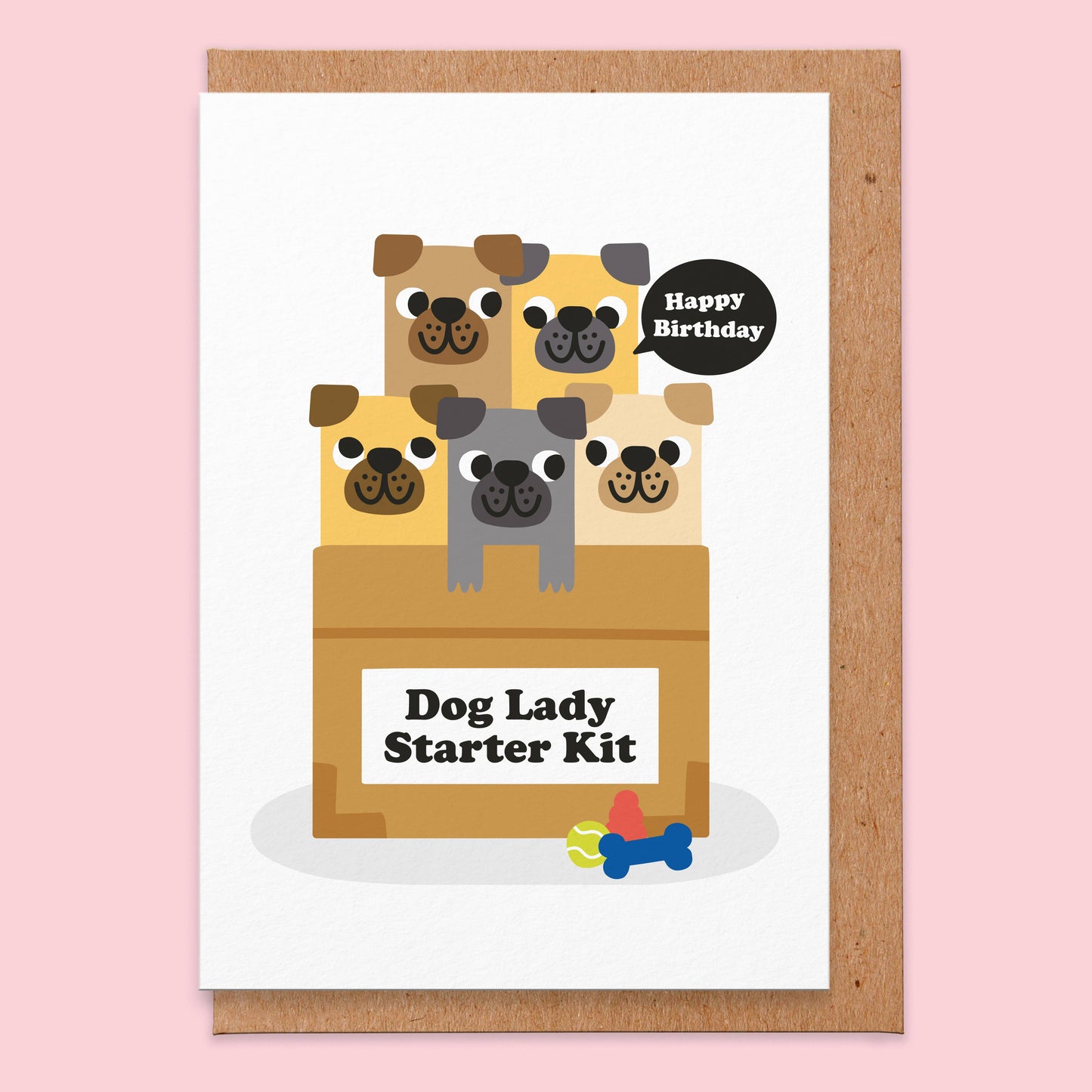 Geburtstagskarte mit Umschlag. Vorne sind 5 gezeichnete Hunde zu sehen und die Aufschrift "Dog Lady Starter Kit"
