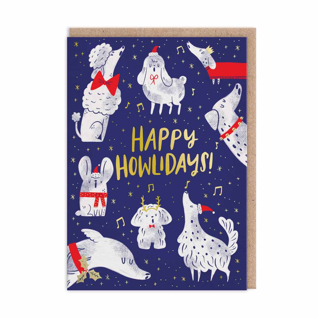 Weihnachtskarte mit mehreren heulenden Hunden und der Aufschrift Happy Howlidays
