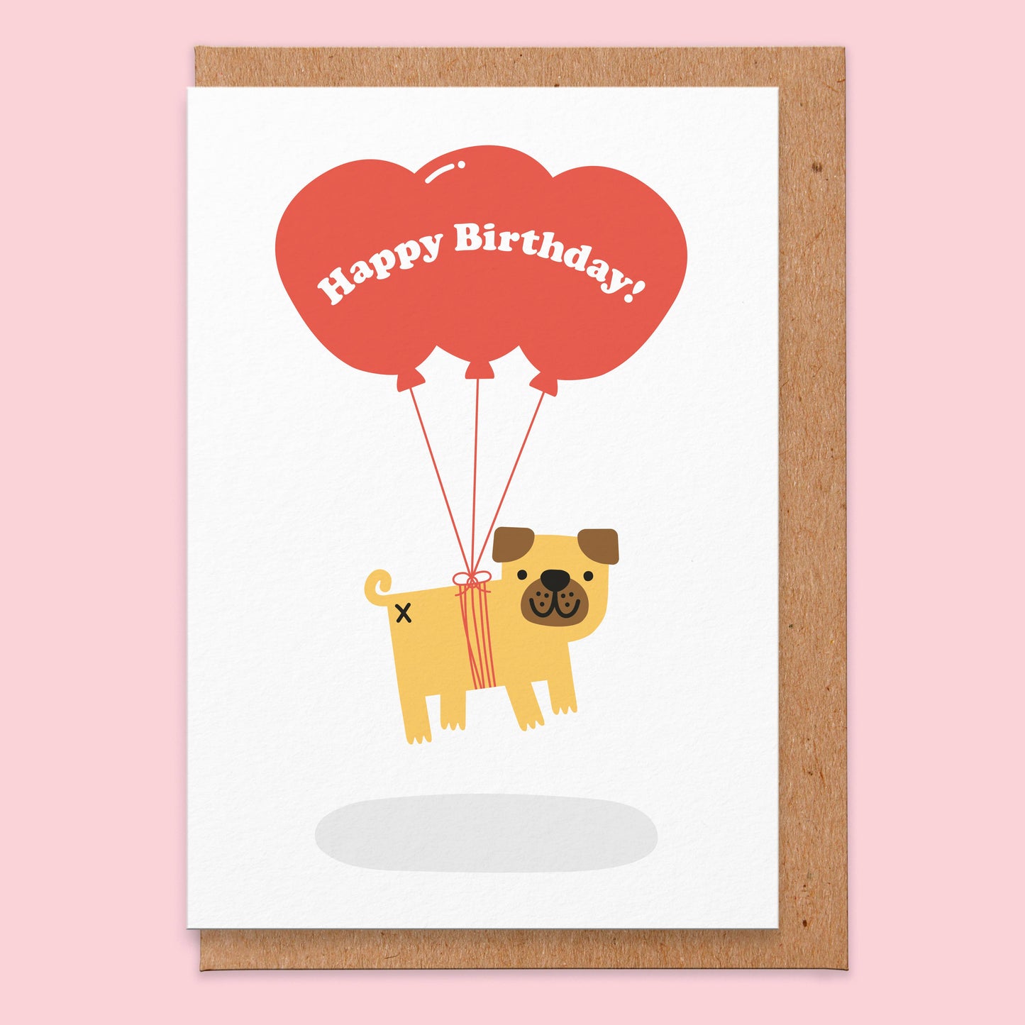 Geburtstagskarte mit Umschlag. Vorne ist ein gezeichneter Hund zu sehen der an mehreren Ballons hängt mit der Aufschrift "Happy Birthday"