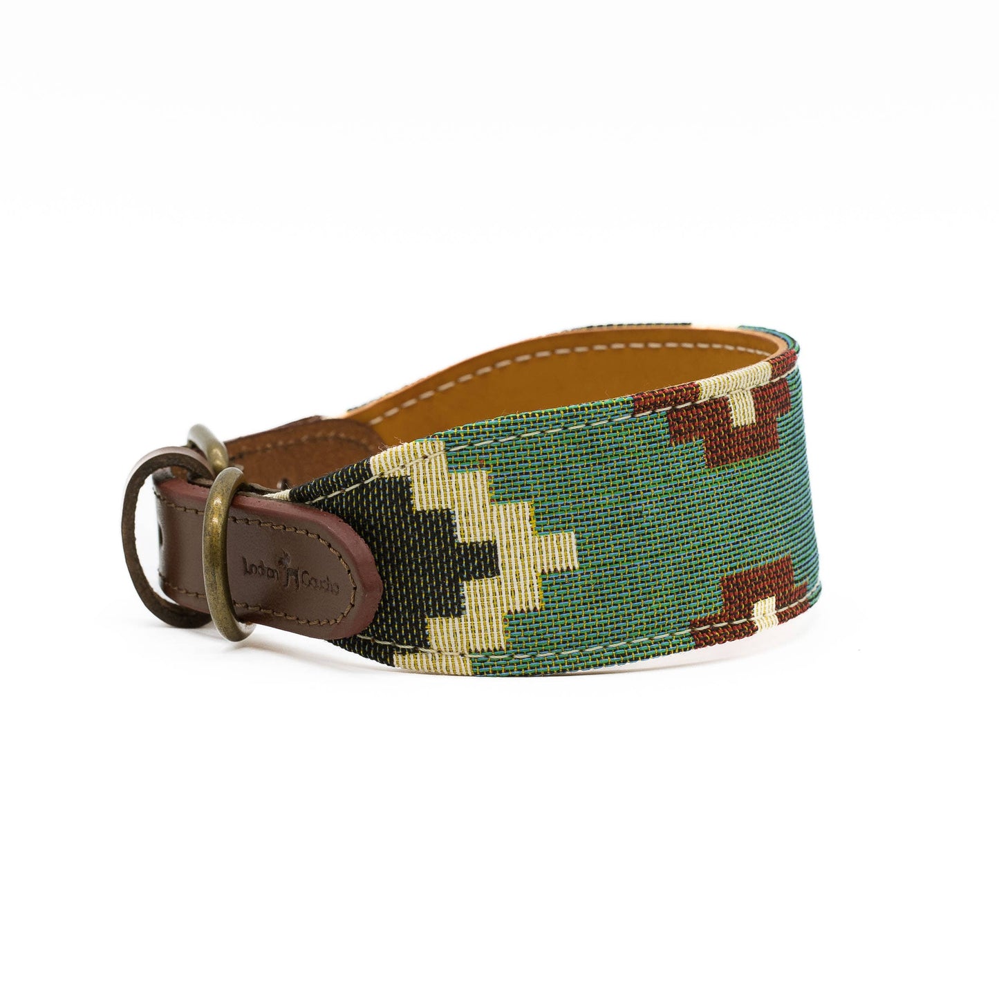 Halsband für Windhunde mit fabrigen Muster und Verschluß aus braunem Leder